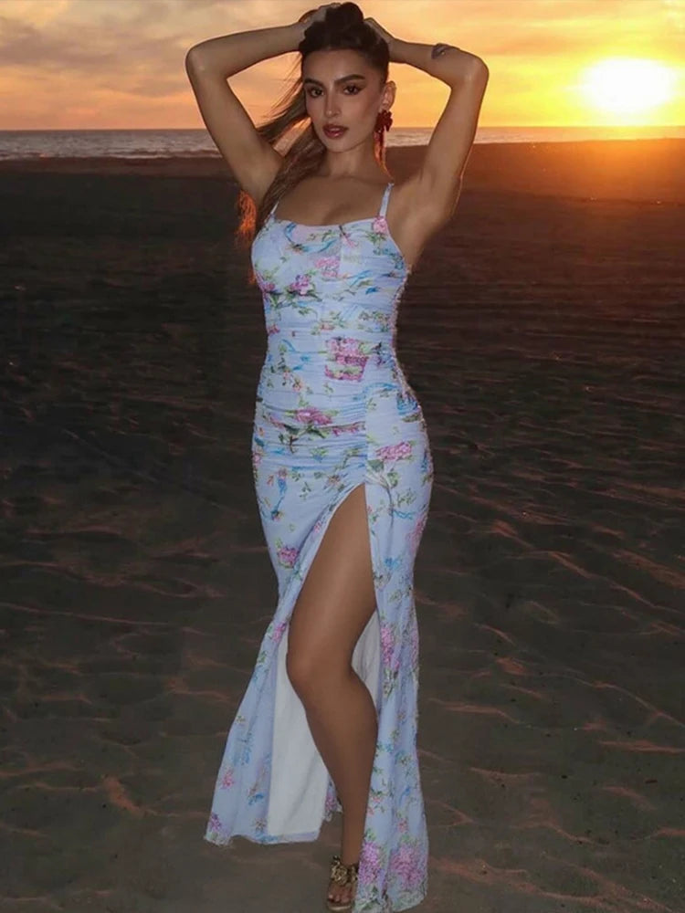 Flower Print Dress Side Slit Shirring Spaghetti Strap Slim