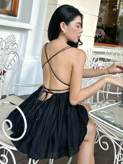 Backless Patchwork Mini Bodycon Dress with Lace-Up Design