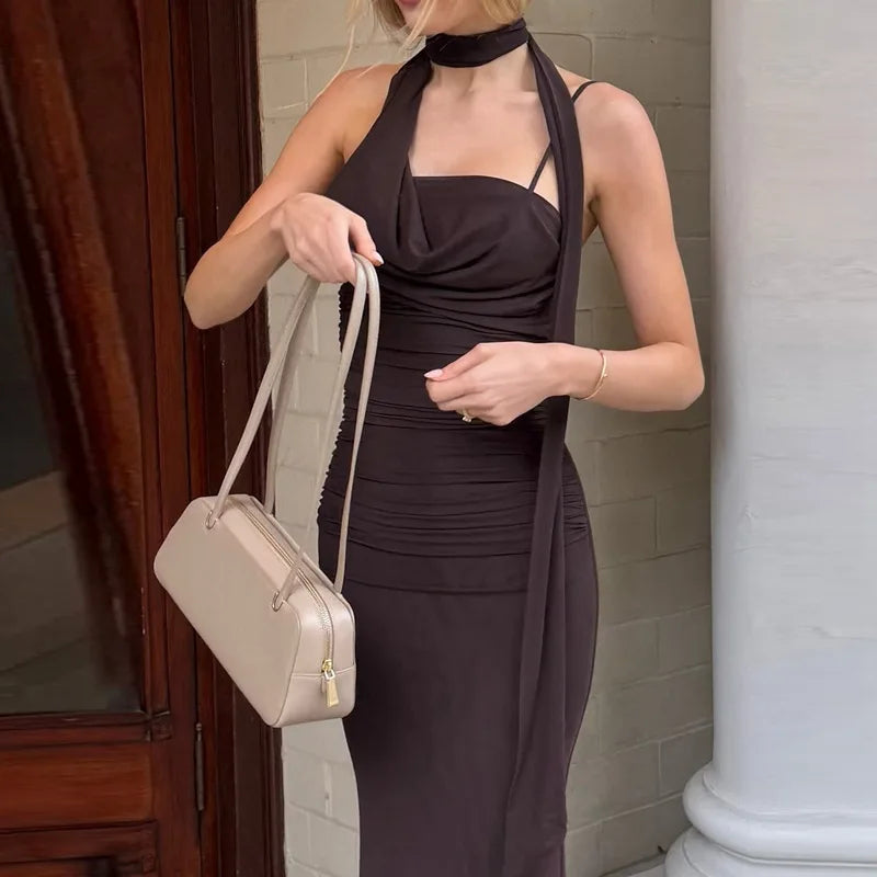 Coffee Neck Scarf Ruched Backless Slip Maxi Dress