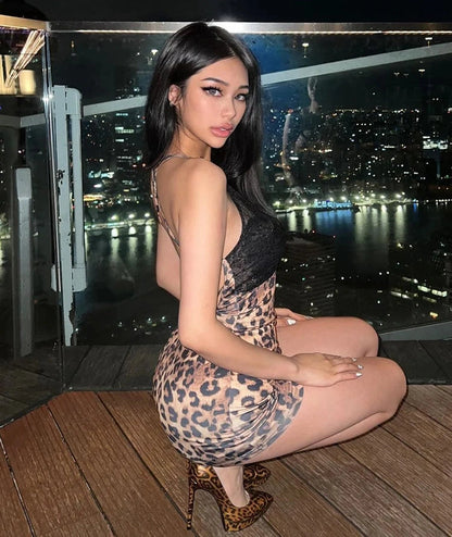 Leopard Print Lace Halter Bodycon Mini Dress
