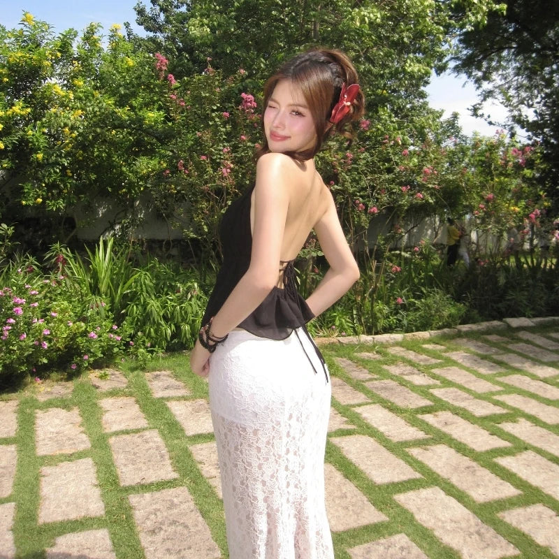 Black Backless Mesh Sleveless Halter Tank Top