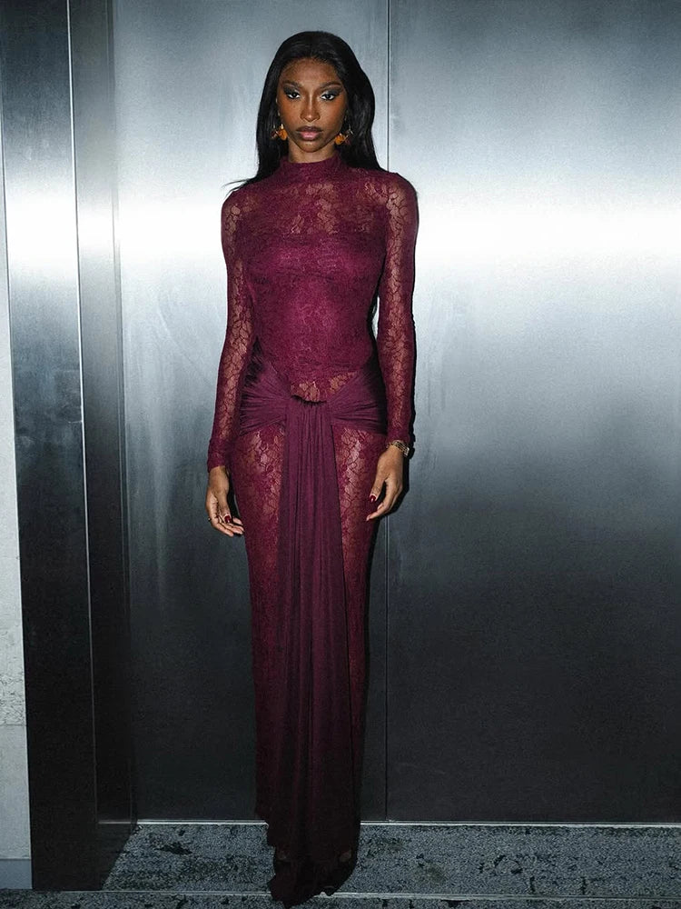 Burgundy Long Sleeves Backless See Through Maxi Dress