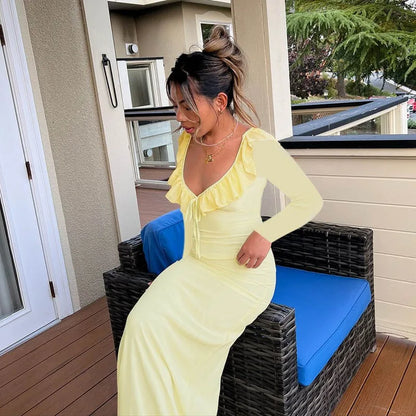 Yellow Ruffled V-Neck Long Sleeve Maxi Dress