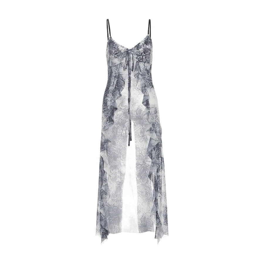 Gray Long Tie-Dye Ruffles Top