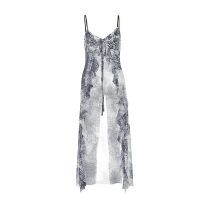 Gray Long Tie-Dye Ruffles Top