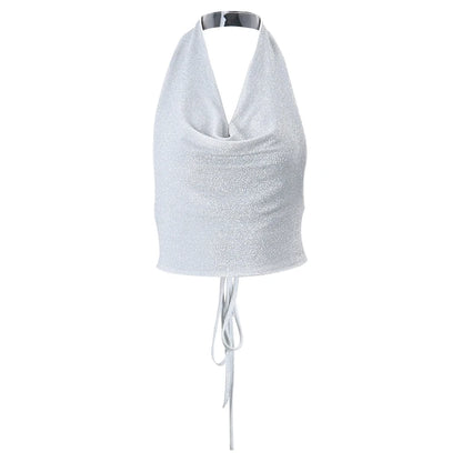 Silver Sleeveless Backless Halter Glitter Tank Top