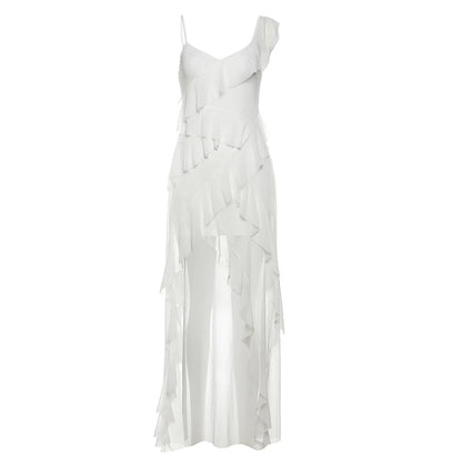 White Ruffles Long Sling Dress