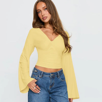 Yellow V-Neck Flared Loose Long Sleeve Slim Top
