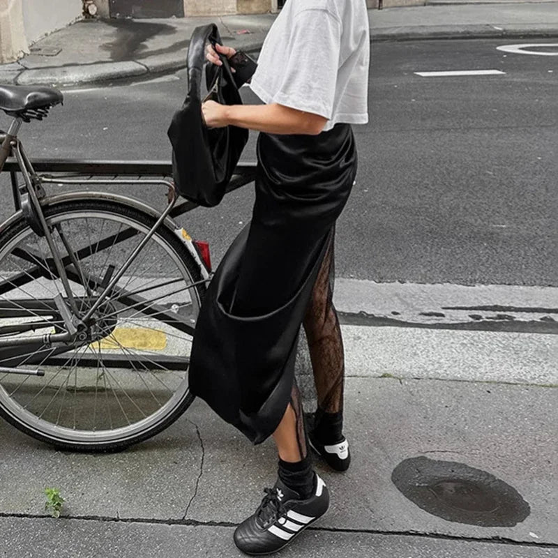 Black Lace Splice Skirt See Through High Waist Skirt Mid-Length Skirts