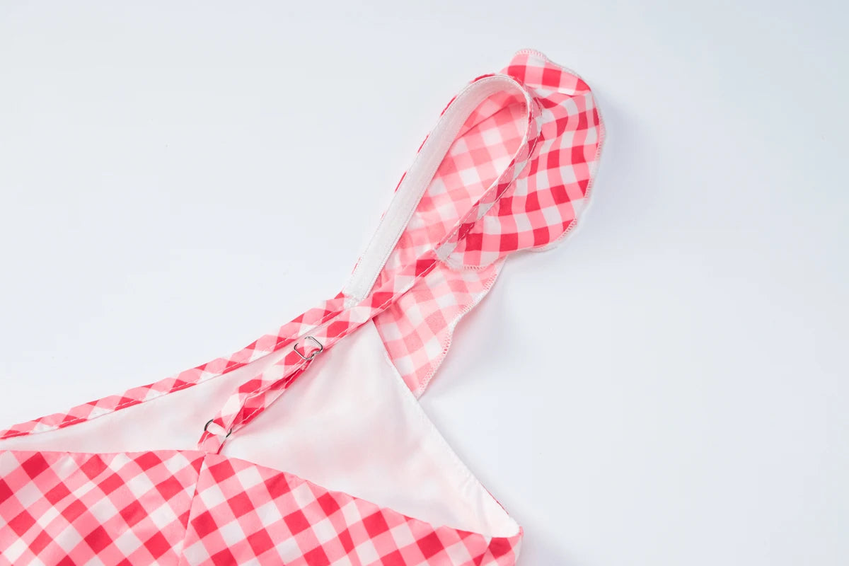 Red V-Neck Sleeveless Backless Plaid Long Dress