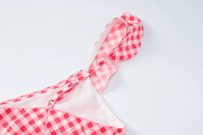 Red V-Neck Sleeveless Backless Plaid Long Dress