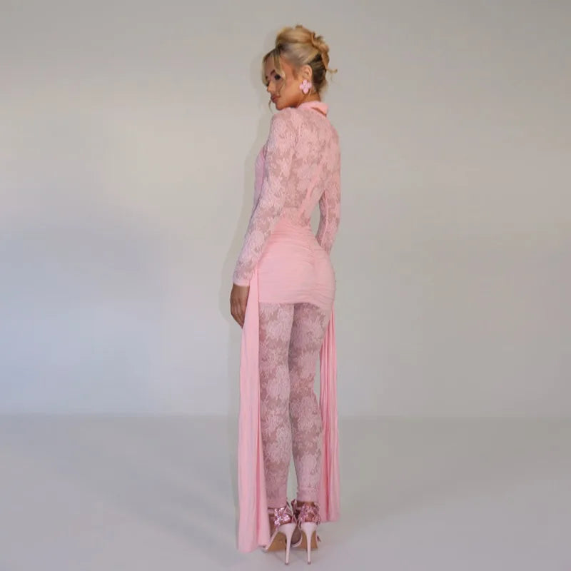 One Piece Long Sleeve See Through Lace Mesh Jumpsuit