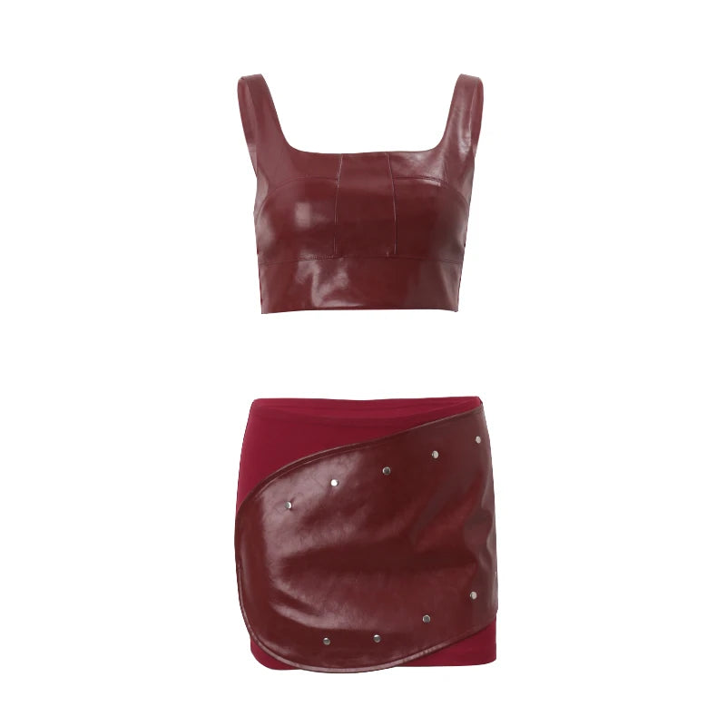 Red Faux Leather Crop Top and Mini Skirt Set