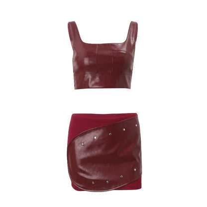 Red Faux Leather Crop Top and Mini Skirt Set
