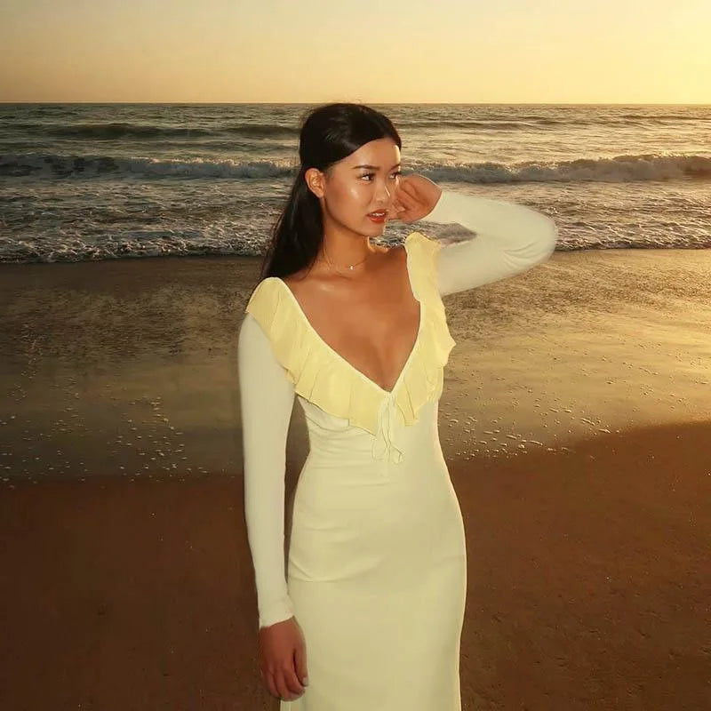 Yellow Ruffled V-Neck Long Sleeve Maxi Dress