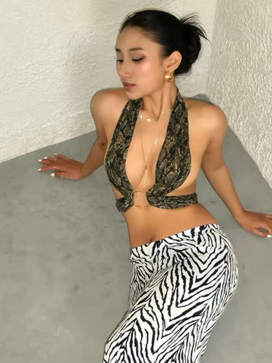 Snake Halter Backless Crop Top