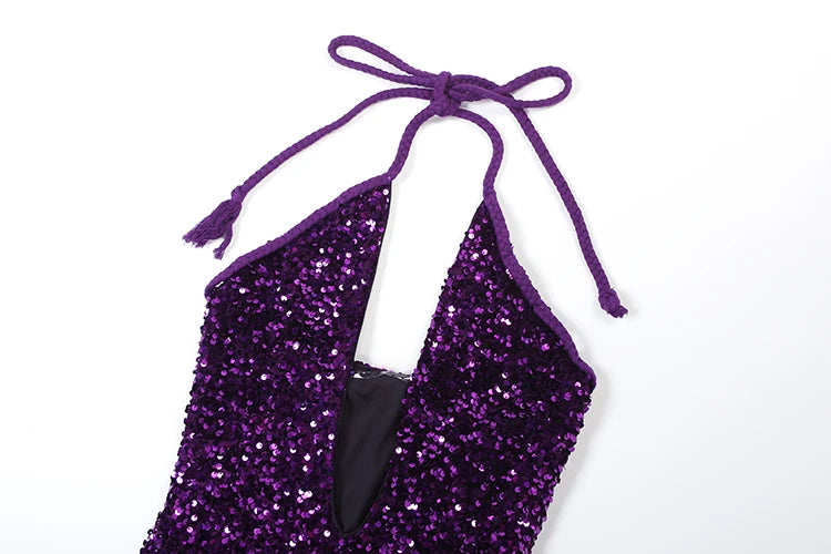 Purple Sequins Backless Slim Mini Dress