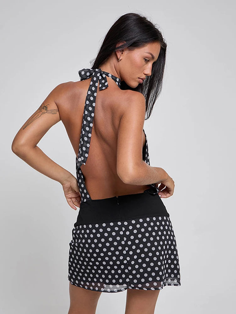 Polka Dot Halter Dress Black Backless High Waist Zipper Dress