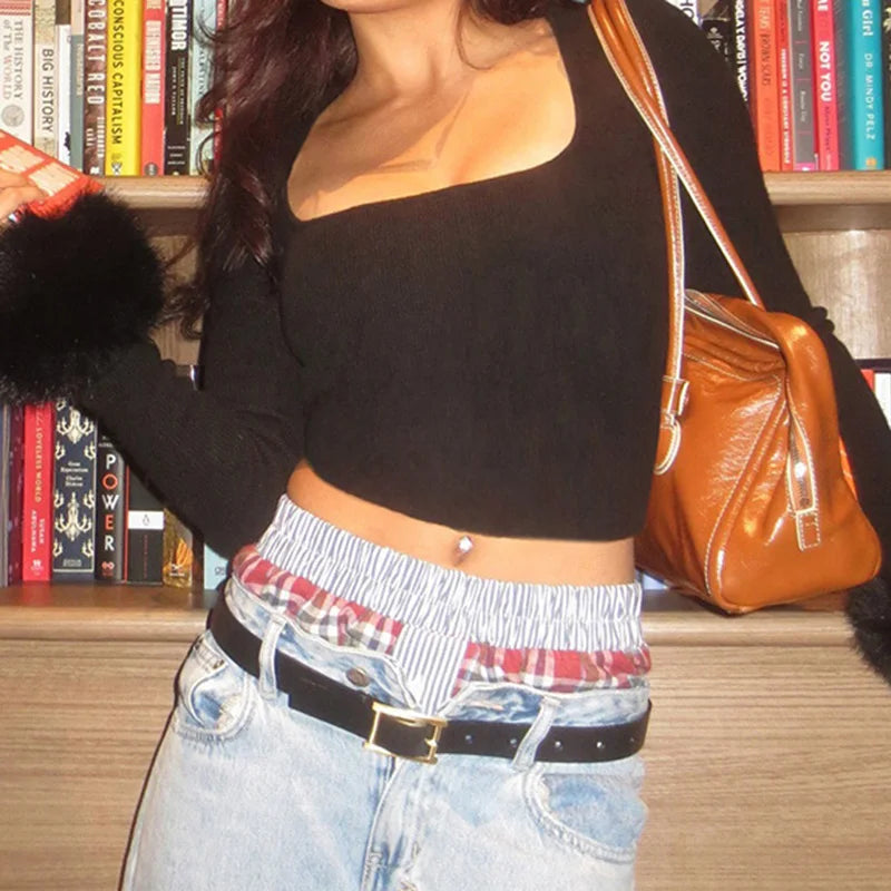 Square Collar Tee Shirts Crop Top Long Sleeves Fur Cuff Slim Kintted