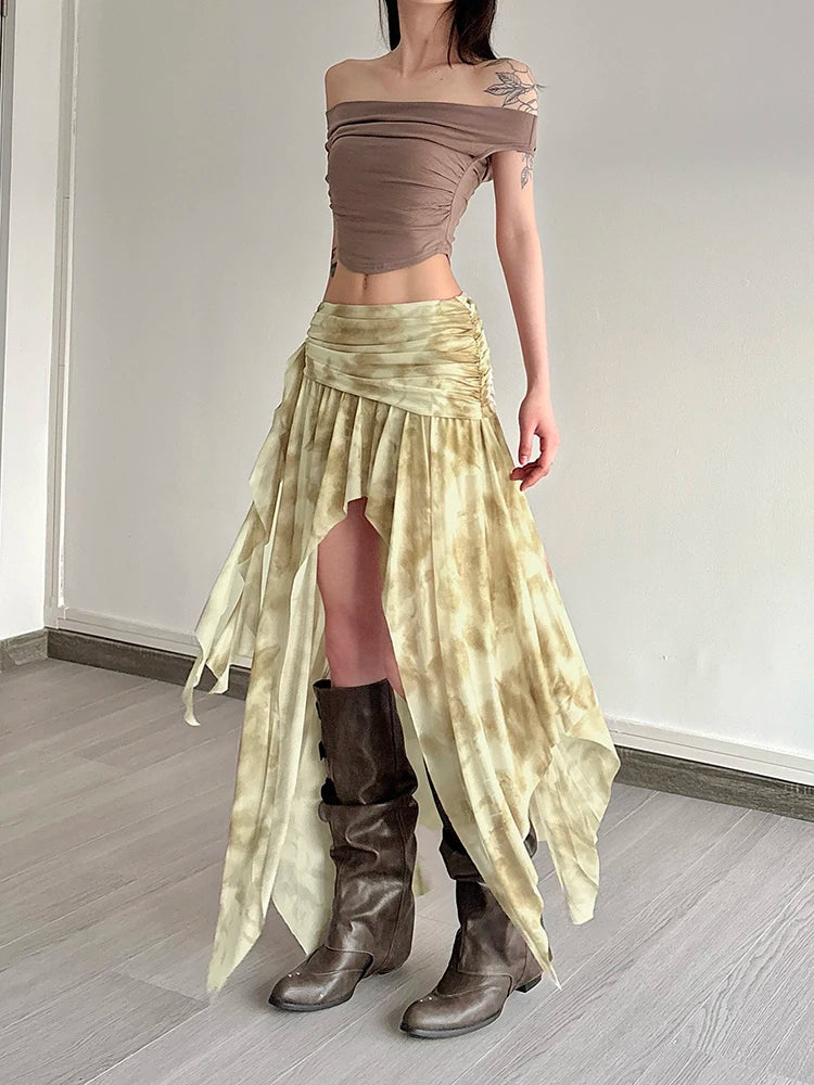 Irregular Hem Skirt Tie-Dye Print Tael Fold See Through Split Bottom
