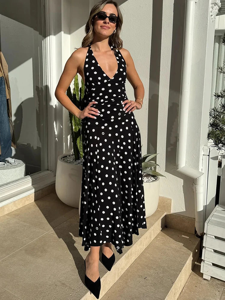 Backless Polka Dot High Waist Midi Dress