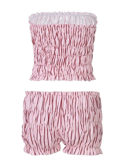 Pink Striped Tube Top and Mini Shorts Two Piece Set
