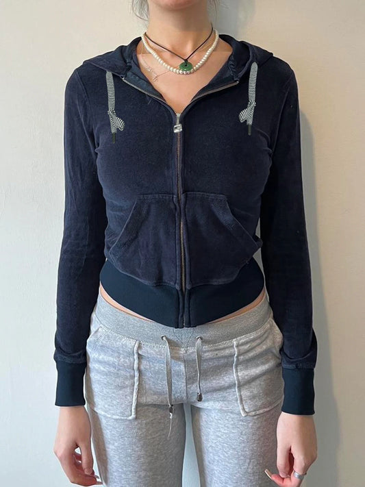 Velvet Jacket Zip Up Front-pocket Hood Coat Overcoat