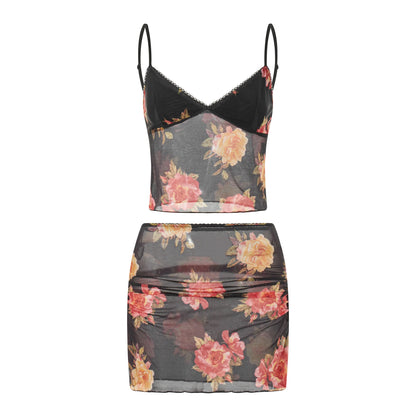 Sleeveless V Neck Cami Top & Flower Print Mini Skirt Set