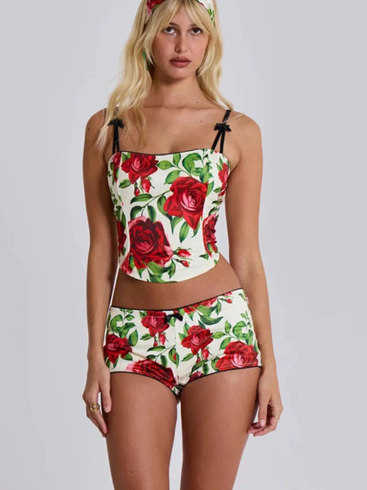 Red Floral Top and Skinny Shorts Set