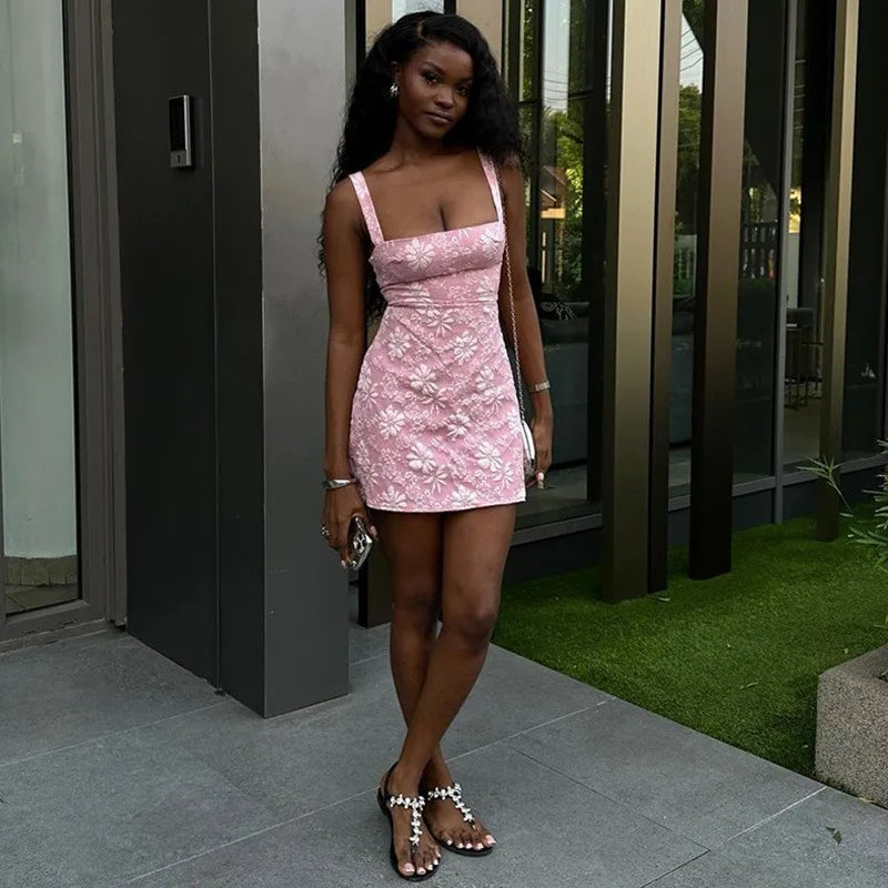 Pink Floral Backless Sleeveless Mini Dress