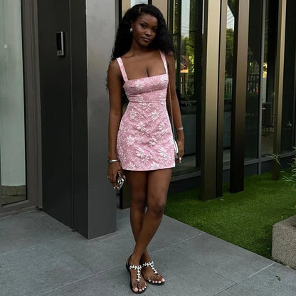 Pink Floral Backless Sleeveless Mini Dress