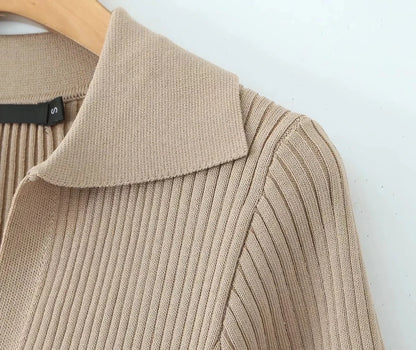 Khaki Knit Bodycon Dress with Polo Collar