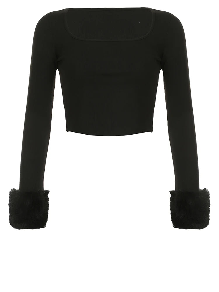 Square Collar Tee Shirts Crop Top Long Sleeves Fur Cuff Slim Kintted