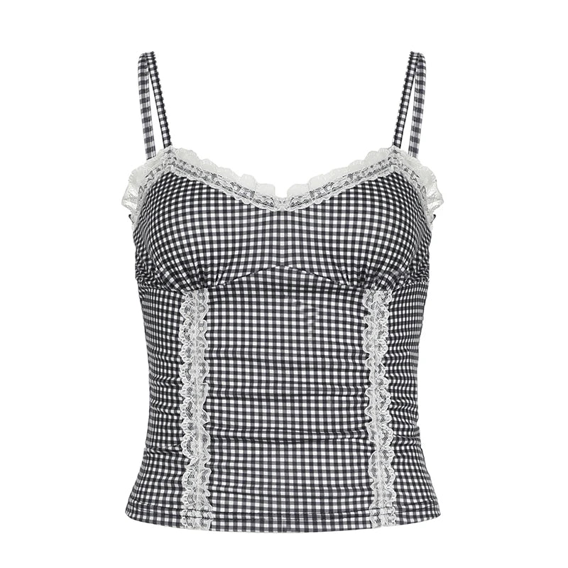 Plaid Print Top Lace Patchwork Spaghetti Strap Crop Camis Japanese