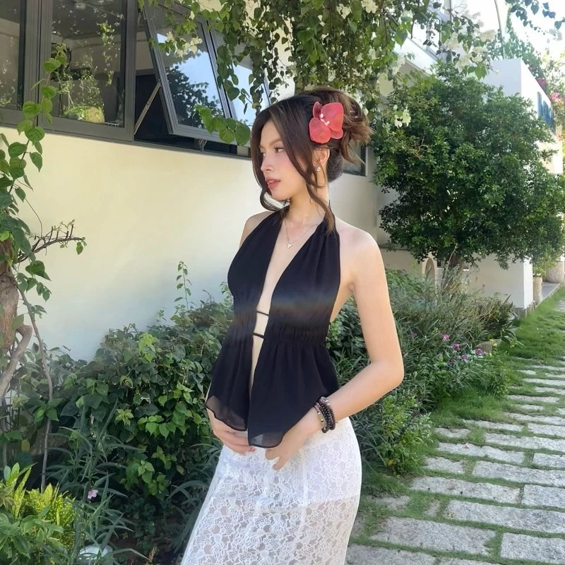 Black Backless Mesh Sleveless Halter Tank Top