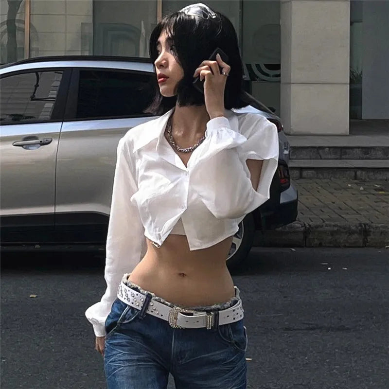White Puff Long Sleeve V-Neck Crop Top