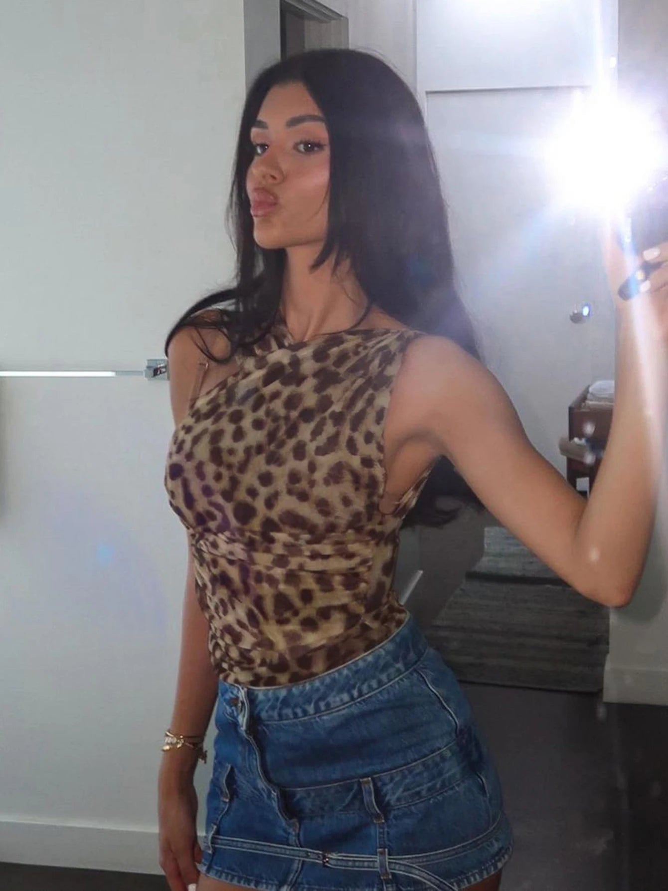 Leopard Ruched Sleeveless Bodysuit