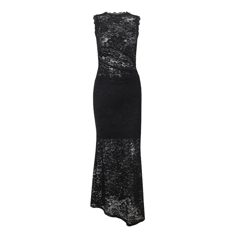 Black Lace See Through Top and Maxi Skirt Two Piece Set