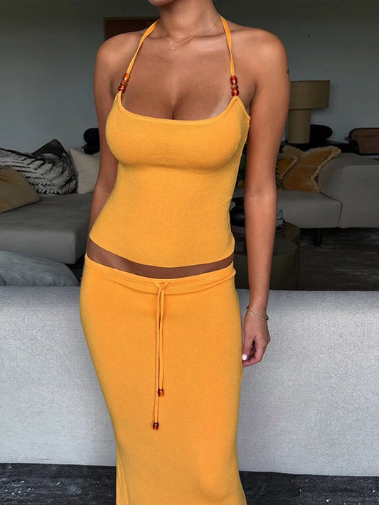 Matching 2 Piece Set Concie Halter Slim Cami Drawtring Maxi Skirt Suit