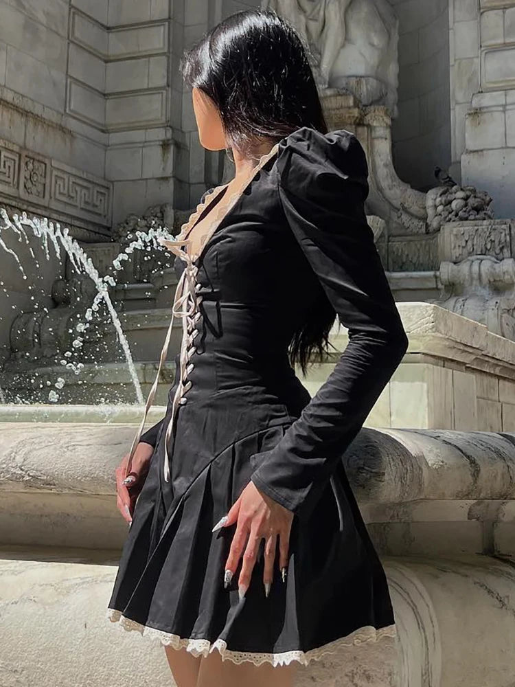 Straps Lace-Up Princess Puff Sleeves Pleated O-Neck Mini Dress 2023 Evening Wholesale