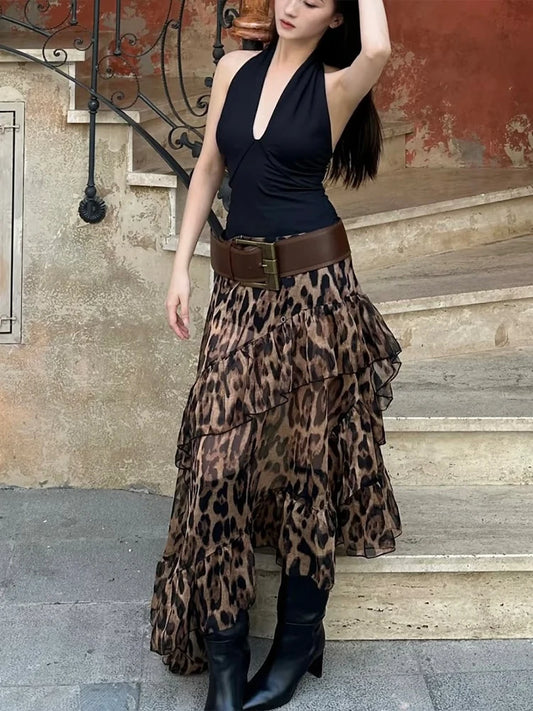 Leopard High Waist Ruched Long Skirt