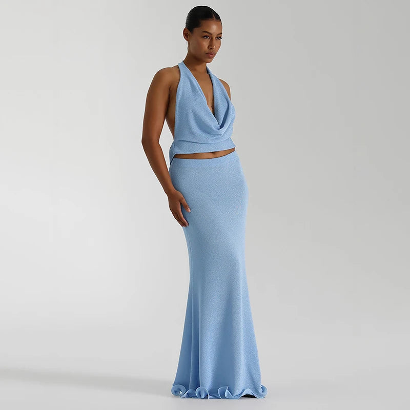 'S Color Hanging Neck V-Neck Backless Sleeveless Tank Top Long Fishtail Skirt Set