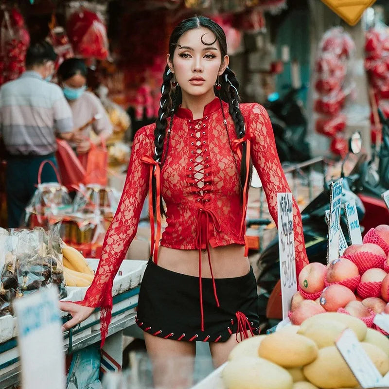 Red See Through Lace Top