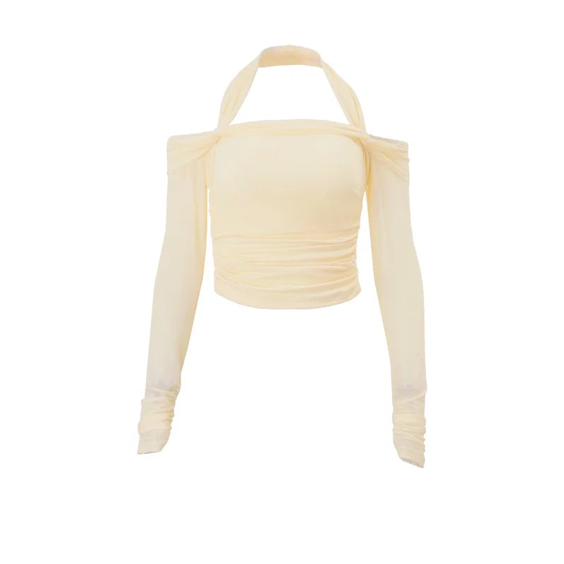 Apricot Ruched Halter Long Sleeve Shirt