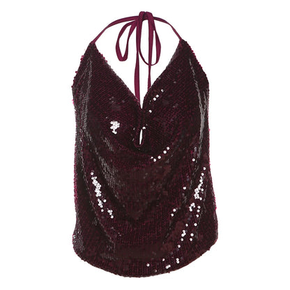 Claret Sequins Backless Swing Collar Top