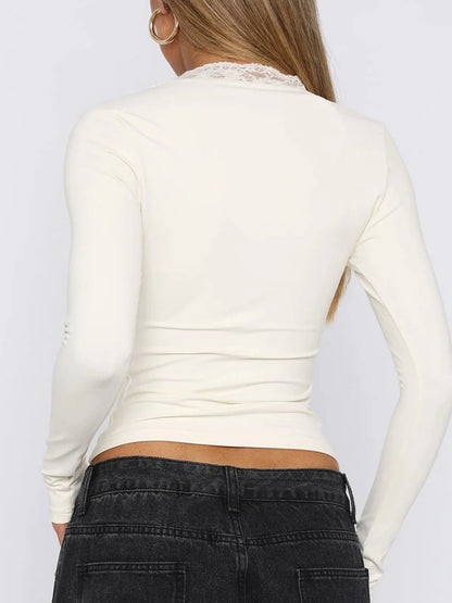 White V-Neck Long Sleeve Slim Lace Ruffles Patchwork Top