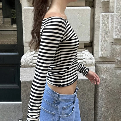 Slah Neck Striped Long Sleeve Crop Top