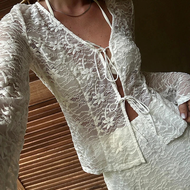 Lace Hollow Out See Through Long Sleeve Top
