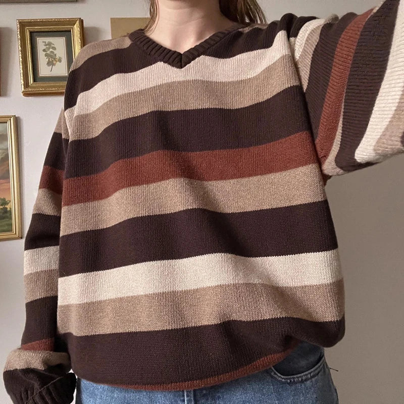Retro V-neck Striped Sweaters Loose Pullovers Top