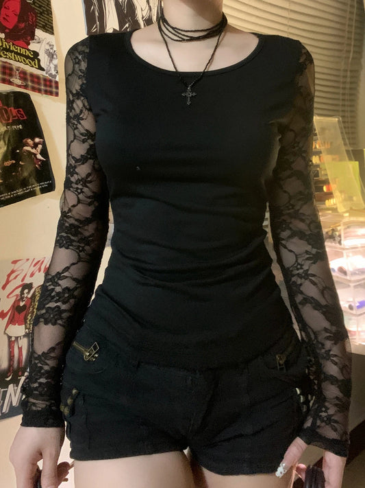 Crewneck Tee Shirts Lace Patchwork Slim Black Top
